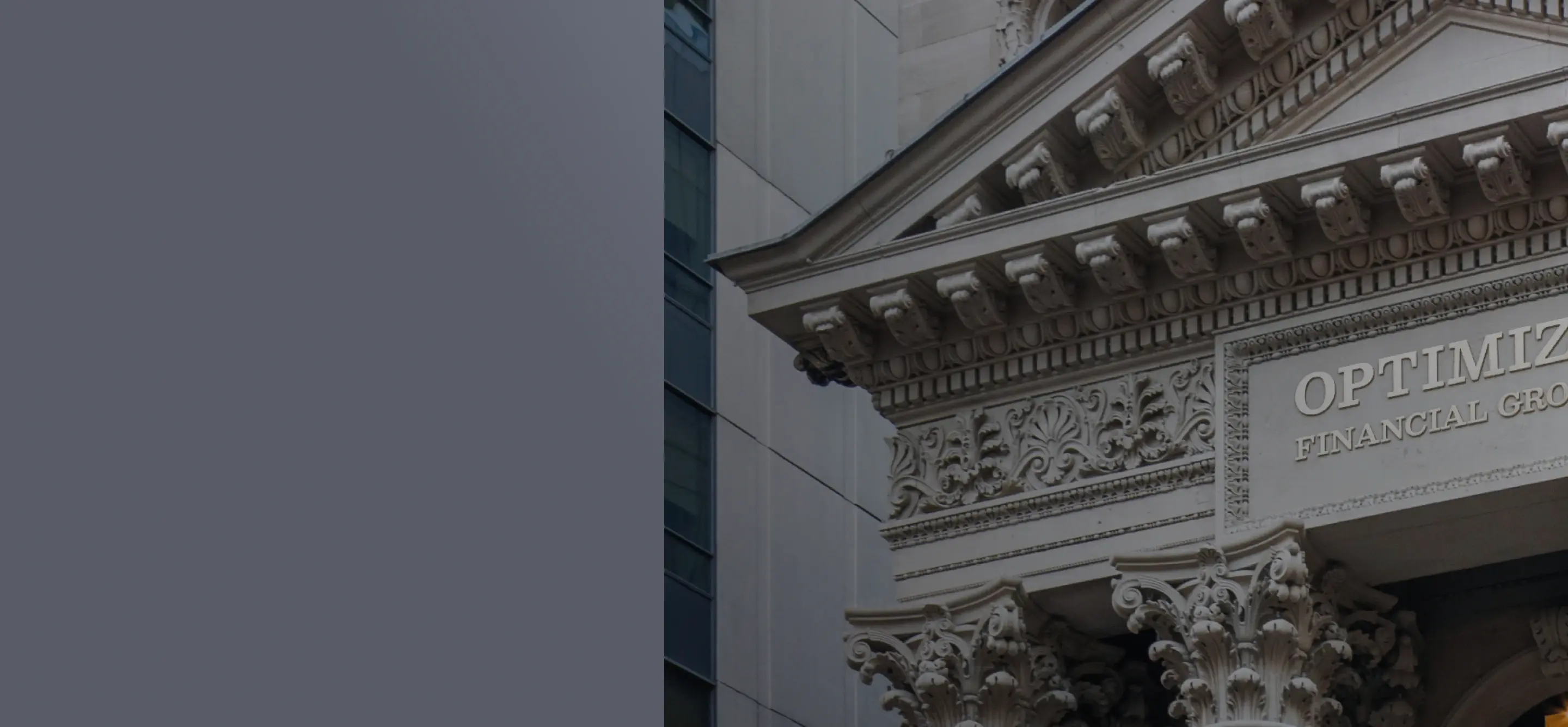 Close-up of a historic building façade with ornate stone carvings and the words ‘OPTIMIZE FINANCIAL GROUP’ engraved above the entrance.